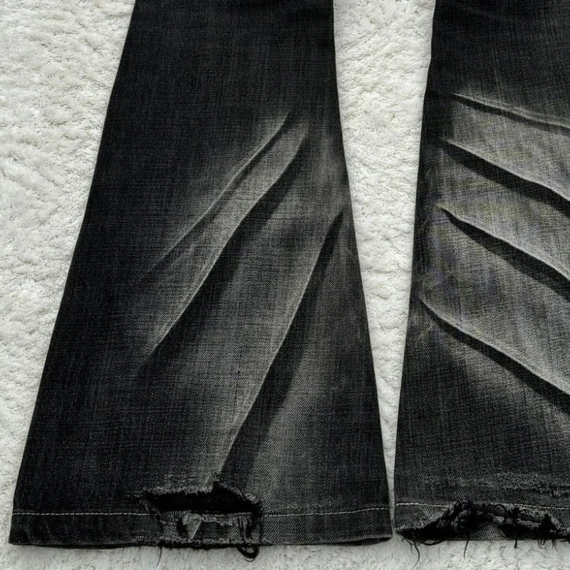 Y2k Flared Lace Up Jeans Retro Washed Paw Prints Double Waist Slim Fit Jeans Gothic High Street Wear Unisex Bootcut Jeans