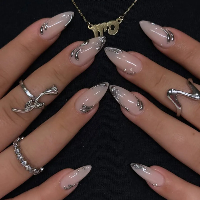 24pcs Golden Lines Patterns False Nails Dark Purple Blush French Fake Nails