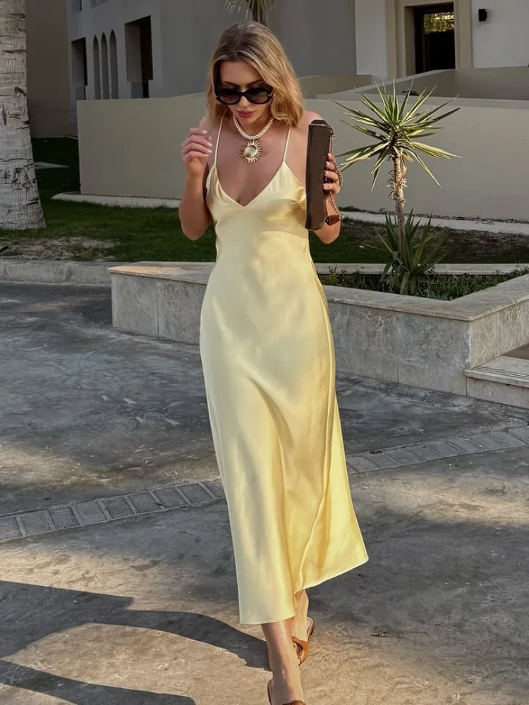 Yellow Elegant Stain Sling Dress Backless Sleeveless V Neck High Waist Evening Gown Chic Lady Partywear