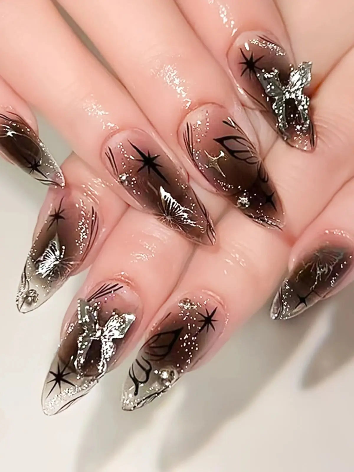 24PCS Long Press On NailsStiletto Black Silver Bowknot Dissymmetry Fake Nails Powder Full Cover Fake Nail Set Nails Art