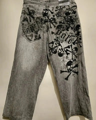 American Harajuku Vintage Print Jeans Y2K Washed Gray Straight Pants Street Gothic Loose Unisex Trousers Tide