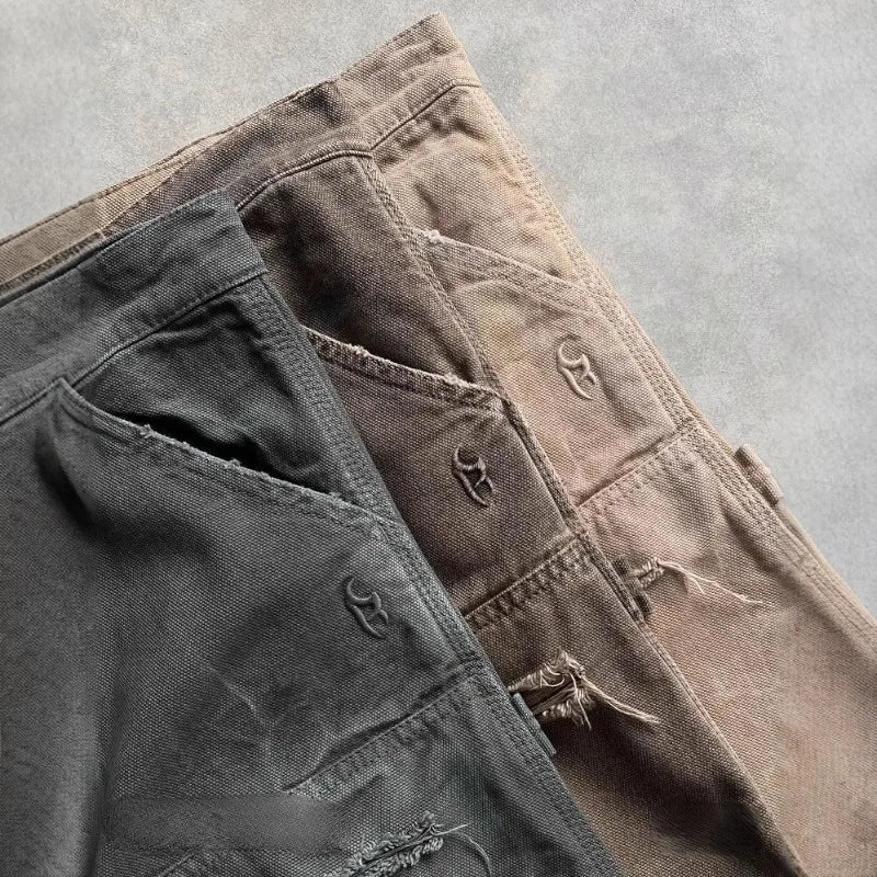 Deeptown Y2k Vintage Washed Short Cargo Jeans Harajuku Hole American Style Wide Leg Man Jorts Baggy Hip Hop Streetwear