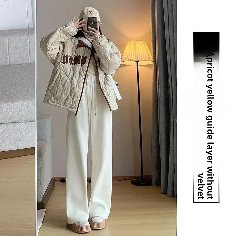 High Waist Thickened Fleece Lined Corduroy Pants Casual Straight Leg Trousers Color Block Stripe Design Trendy Long Pant