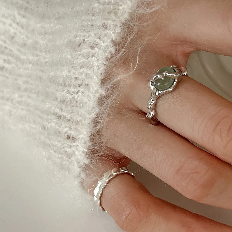 Sterling Silver plated Liquid Lava Hetian Jade Bamboo Ring