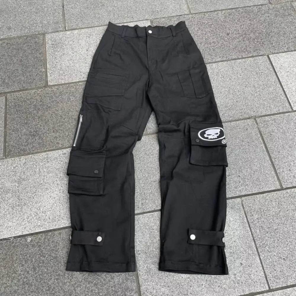 Retro Skull Embroidery Y2K Jeanss Hip Hop Washed Baggy Denim Pants Straight Casual Loose Wide Leg Trouser Streetwear