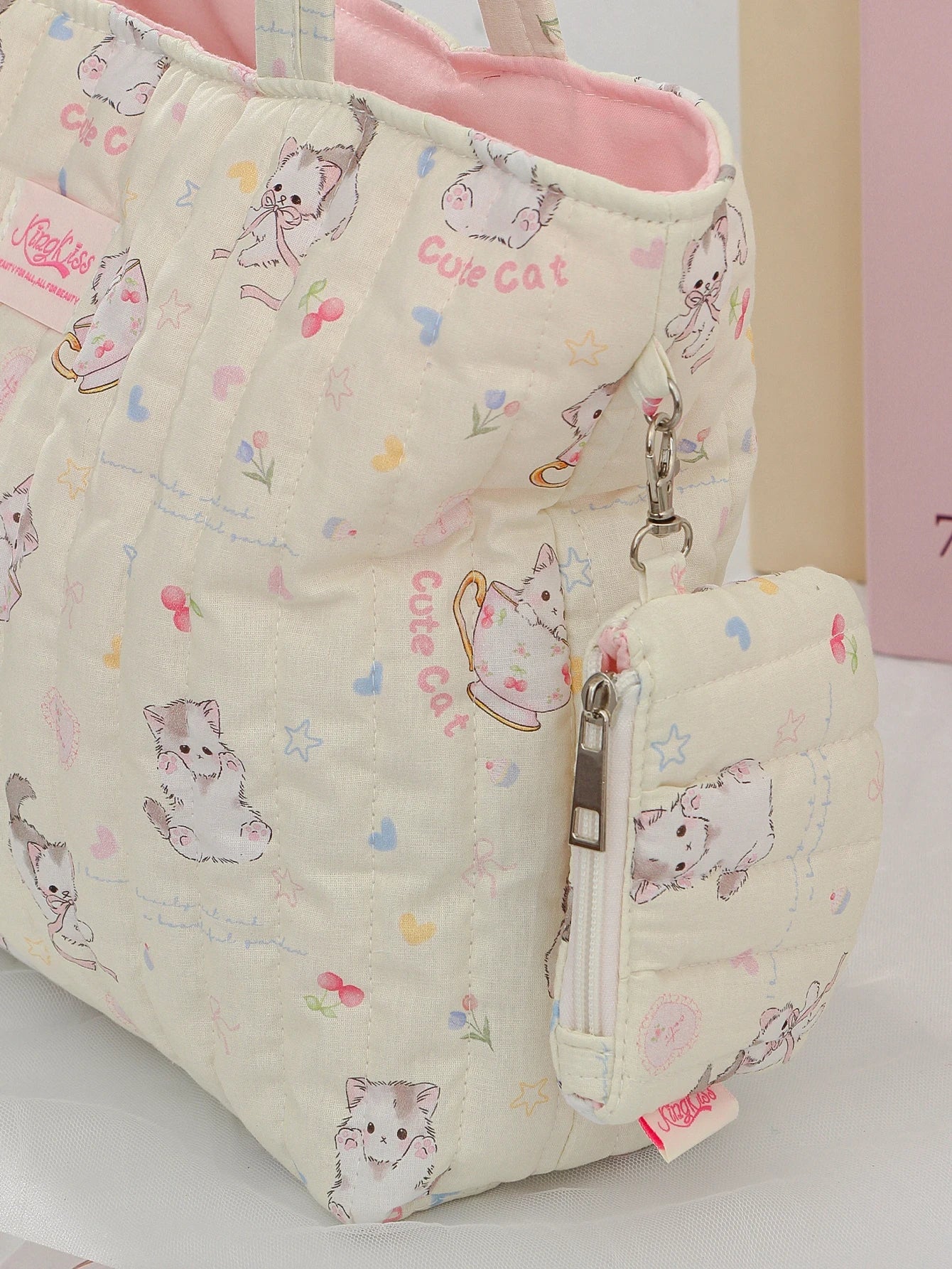 1 cute flower cat handbag with coin purse charm, daily commuting, travel handbag, large capacity portable handbag