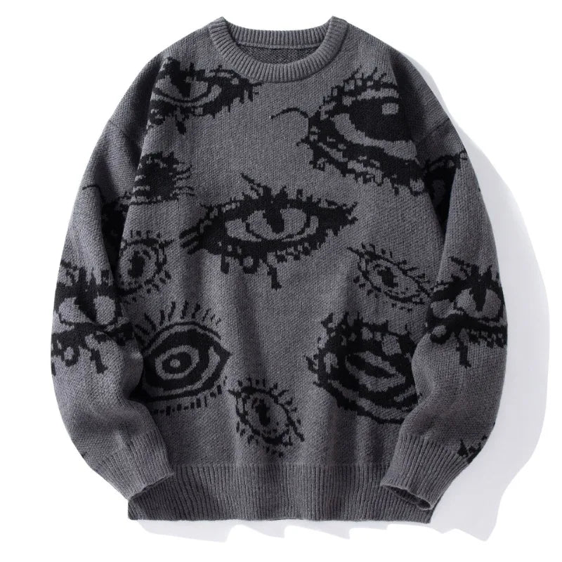 American Round Neck Long-sleeved Loose Sweater Sweater Jacquard Eye Pattern Hip Hop Casual Couple Pullover
