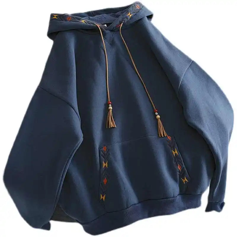 Hoodie Drawstring Tassel Exquisite Embroidery Large Pocket Thick Pullover Artisticable Top Jacket