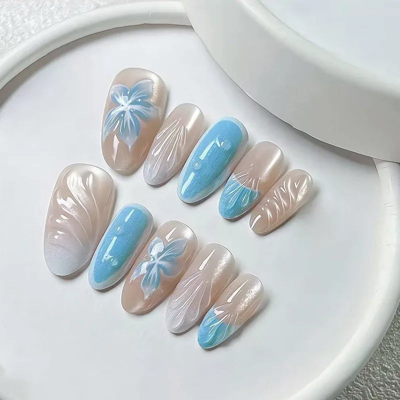 24PCS Sweet Pink Blush French Almond Press on Nails 3D Flower Ripples Fake Nails