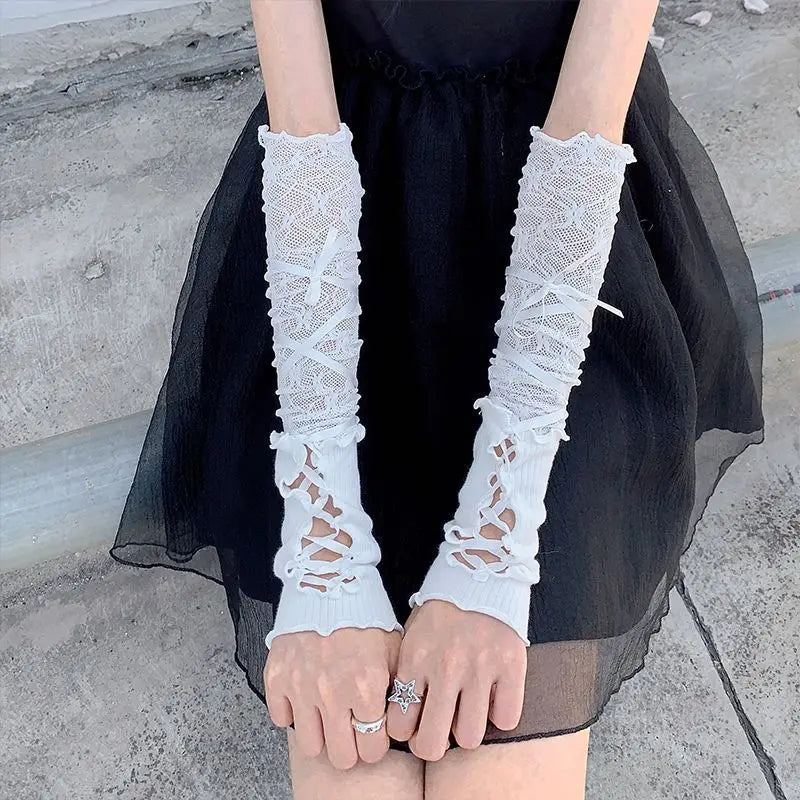 Lolita Gloves Ballet Style White Lace Sleeves Thin Sunscreen Spicy Y2K Girl Strap Gloves