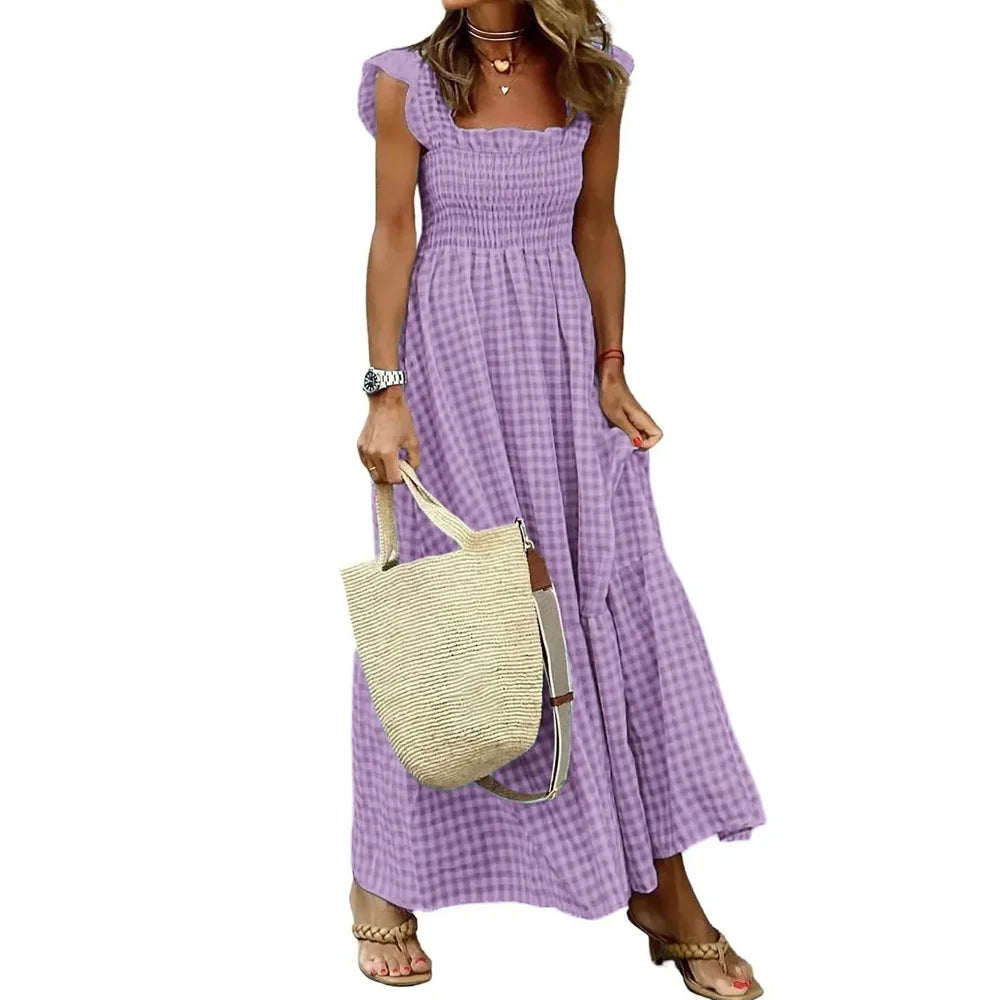 Elegant Plaid Slip Maxi Long Dress Strapless Ruffle Backless Pleated Elastic Waist Boho Party Swing Loose Dresses