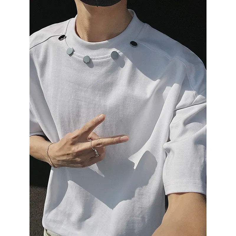 Tshirt Slim Fit Solid Color Round Neck t Shirt Button trim Casual Tee Shirt Lightweight Breathable Cotton Top