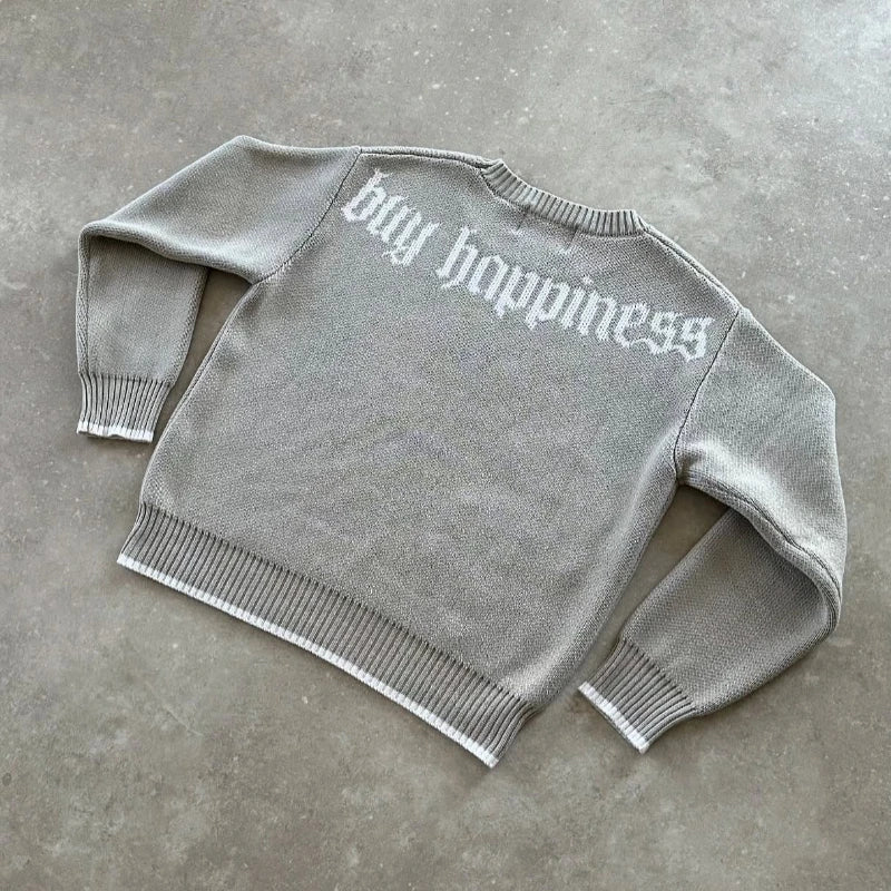 Gray Money Sign Sweater Y2k American Dollar Knit Pullover Vintage Classic Streetwear Warm Crewneck Top Casual