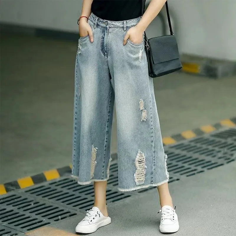 Retro Faded Hole Denim Jeans Thin High Waist Loose Wide Leg Pants Small Size Seven Casual Pants