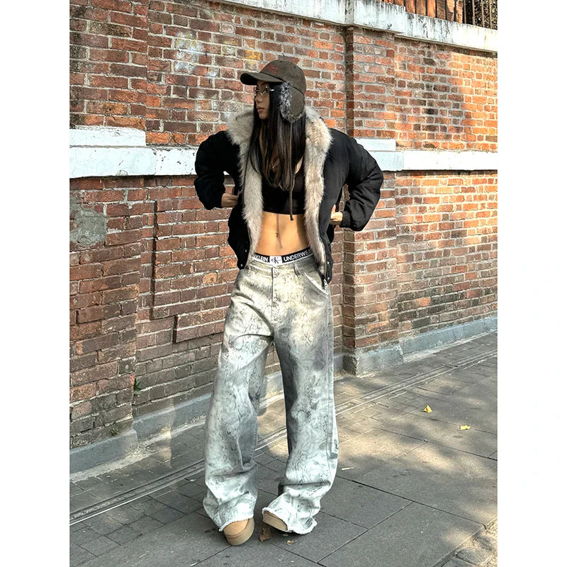 Vintage Emo Loose Washed Pants Casual Harajuku Style Jeans Y2K Wide Leg Punk Baggy Denim Trouser