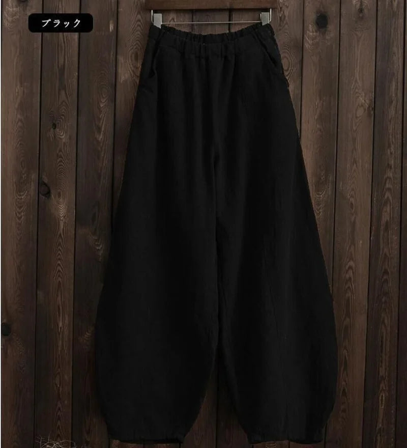 Cotton Linen Bloomers Wide Leg Pants Vintage Full Length Elegent Pants Solid Elasitic Waist 5XL