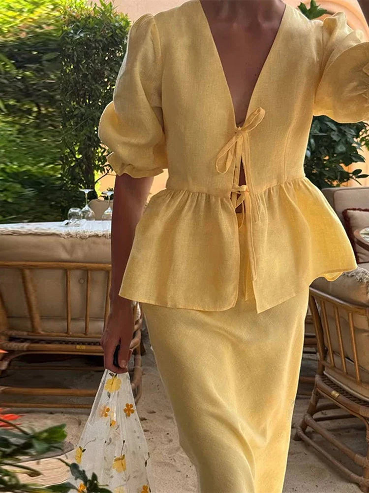 s Skirt Set V-neck Lace Up Short Bubble Sleeve Hollow Out Shirt High Waist Long Skirt Suit Lady Outfit