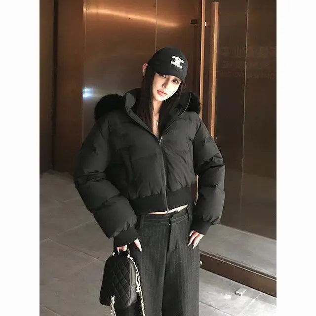 Solid Color Fur Collar Zipper Parka Jacketable Simple Trendy Zipper Short Jacket Harajuku Y2k Zipper Short Jacket