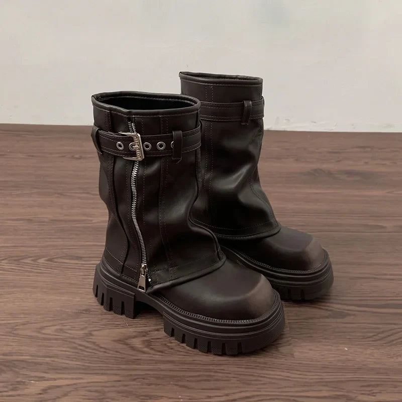 Biker Boots Belt Buckle Ladies Elegant Platform Flats Short Booties Casual Knight Booties