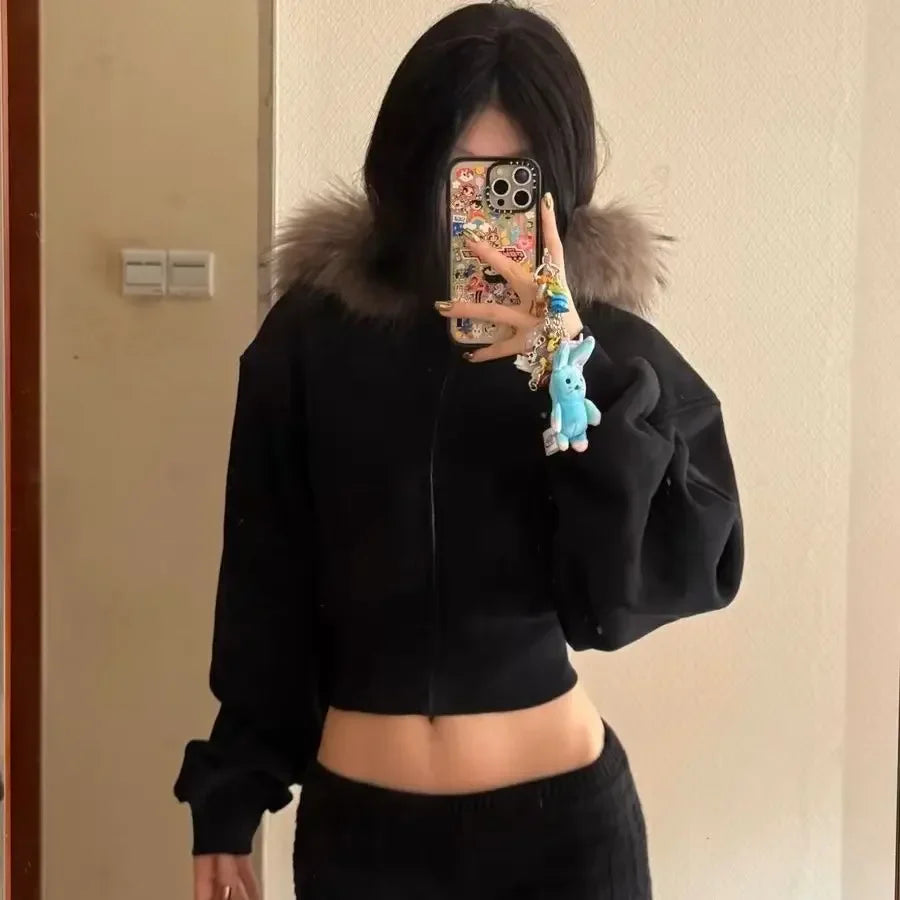 Black Fur Collar Zipper Sweatshirt Simple Furry Collar Zipper Hooded Sweatshirt Vintage Y2k Zipper Hooded Sweatshirt