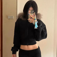 Black Fur Collar Zipper Sweatshirt Simple Furry Collar Zipper Hooded Sweatshirt Vintage Y2k Zipper Hooded Sweatshirt