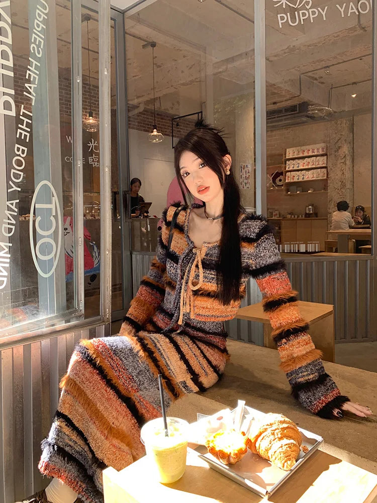Korean style Streetwear Long-sleeved Cardigan Striped Knit Sling Dress Two-piece Suit