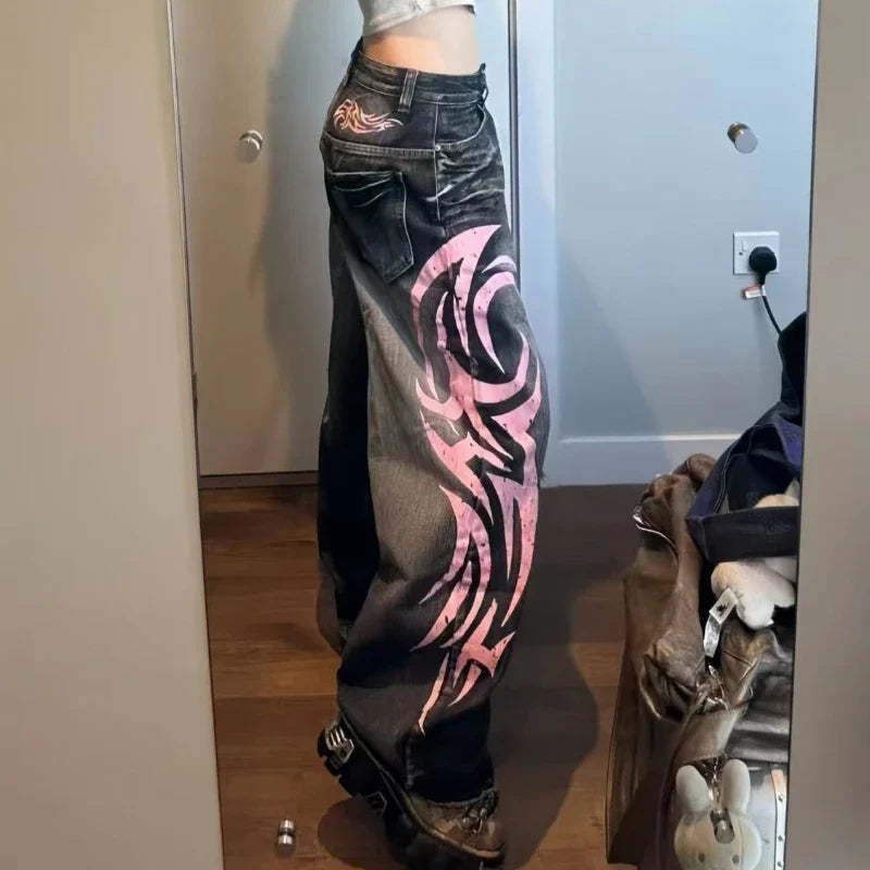 Y2K American Vintage Mottled Totem Print Baggy Jeans High Waist Wide Leg Jeans Harajuku Trendy Hip-hop Jeans