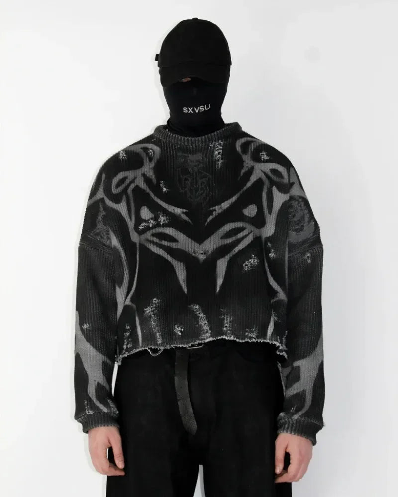Black Retro Long-Sleeved Punk Gothic Harajuku Knitted Sweatshirt