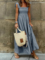 Elegant Plaid Slip Maxi Long Dress Strapless Ruffle Backless Pleated Elastic Waist Boho Party Swing Loose Dresses