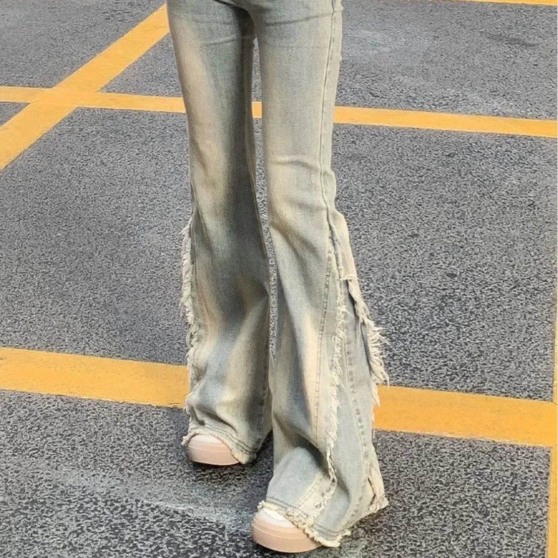 Vintage Blue Jeans High Waist American Retro 90s Raw Material Edge Design Y2k Denim Pants Streetwear Wide Leg Jeans