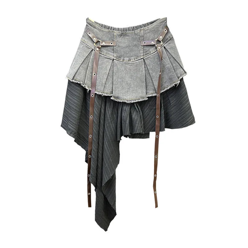 Retro Spliced Denim Pleated Skirt