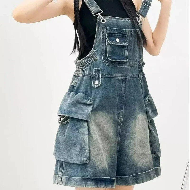American Vintage Denim Overalls Wide Leg Jumpsuit Slim Fit Loose Design Youthful Style Short Romper