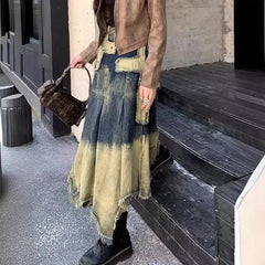 Vintage Cross Fringed Denim Skirt, High Waist A-line Slimming Irregular Mid Length Skirt,