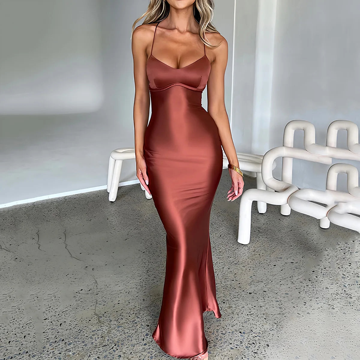 Satin Backless Lace Up Mermaid Slip Dress Sweetheart Neck Slim Bodycon Dresses Elegant Silk Gown Partywear