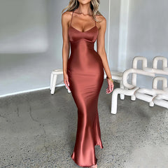 Satin Backless Lace Up Mermaid Slip Dress Sweetheart Neck Slim Bodycon Dresses Elegant Silk Gown Partywear