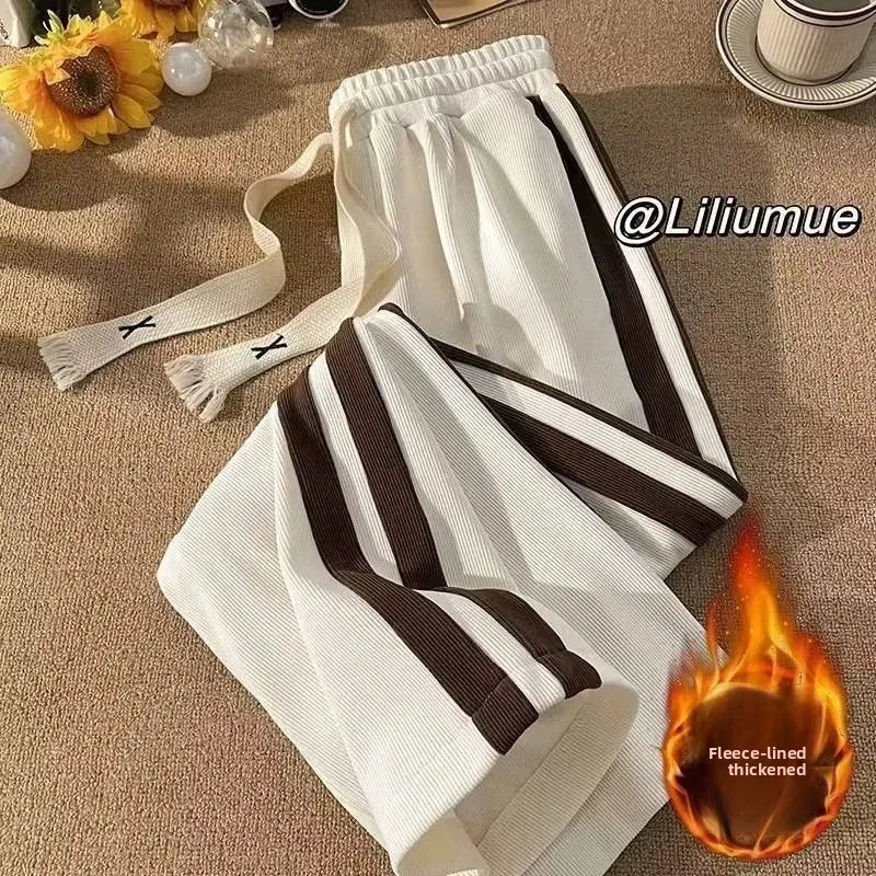 High Waist Thickened Fleece Lined Corduroy Pants Casual Straight Leg Trousers Color Block Stripe Design Trendy Long Pant