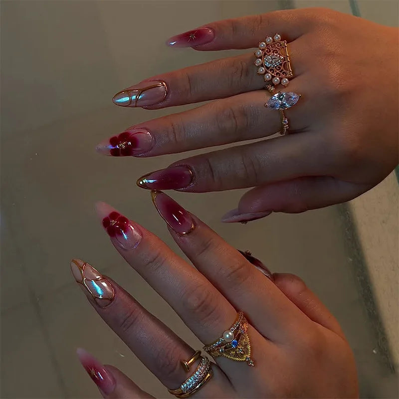 24Pcs Matte Almond False Nails with Glue Glitter Butterfly Fake Nail Press Ons Black Gradient Artificial Nail Tips