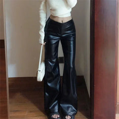 Black Pear-Shaped High-Waisted Plus-Size Wide-Leg PU Leather Pants Bell-Bottom Pants Season