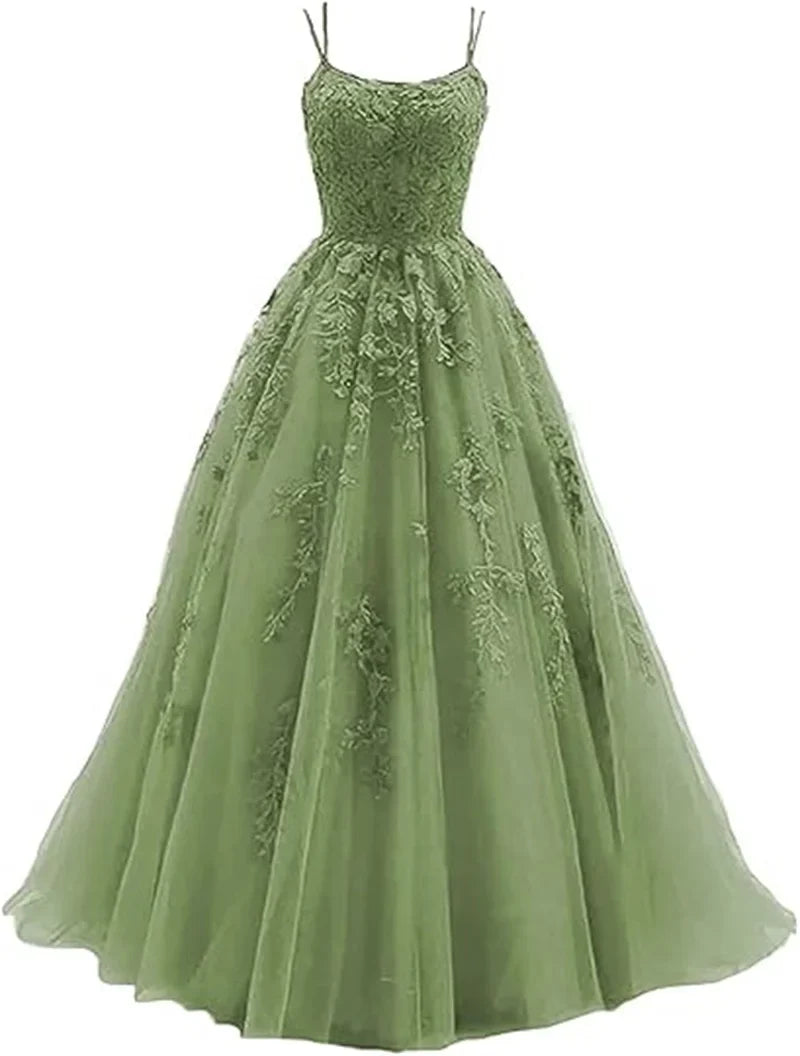 Tulle Spaghetti Straps Prom Dresses Long Lace Appliques Ball Gowns