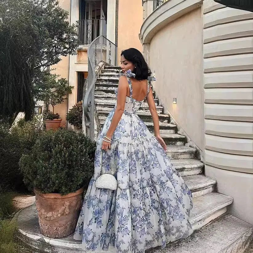 Floral Print Sleeveless Backless Lace Up Midi Prom Dress Elegant High Waist A Line Evening Dresses Outfits