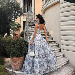 Floral Print Sleeveless Backless Lace Up Midi Prom Dress Elegant High Waist A Line Evening Dresses Outfits