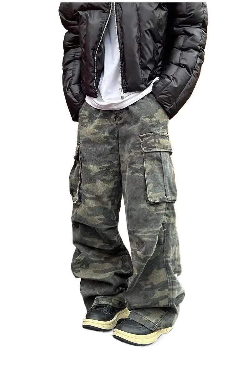 Retro Washed Camouflage Workwear Casual Pants Slim Fit Straight Leg Micro Flared Wide Leg Long Trousers