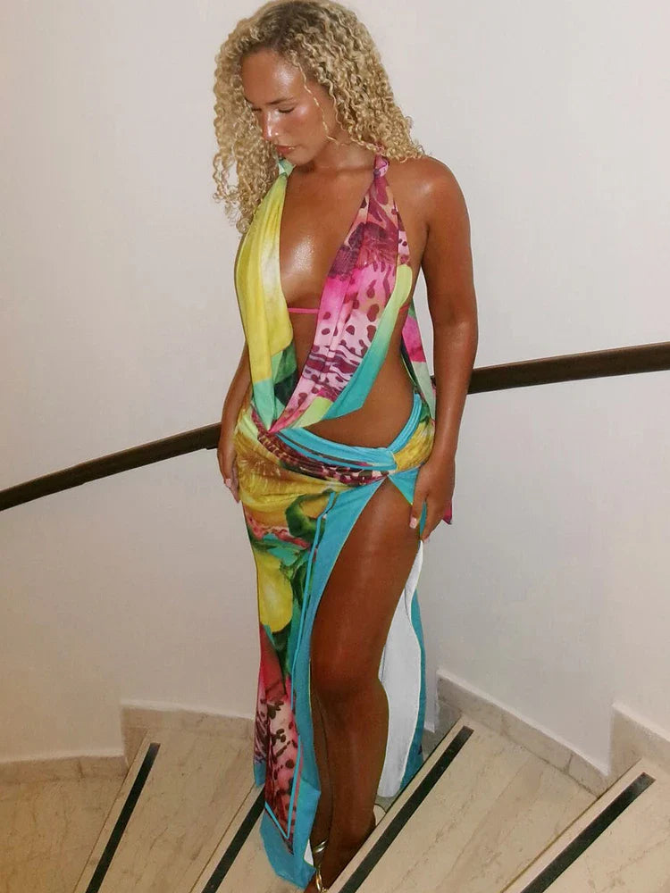 Weird Puss Colorful Leopard 2 Piece Set Y2K Beach Vacation Halter Tank Tops+Wrapped Maxi Skirts Matching Vacation Clubwear