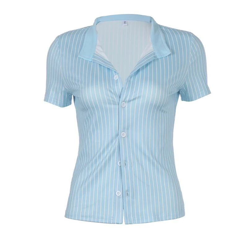 Xingqing Shirt y2k Fairycore Clothes Striped Lapel Collar Single Breasted Short Sleeve Blouse Top 2000s Club Streetwear