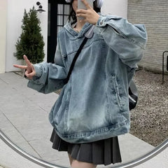 American Style Vintage Denim Sweatshirt Jacket Loose Fit Hooded Pullover Sweatshirt Trendy Arrival