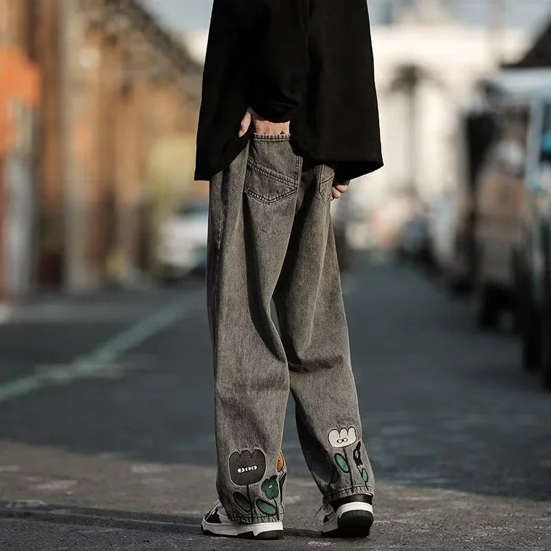 Y2K Flower Printed Baggy Jeans Streetwear American Casual Denim Wide-leg Pants Hombre Vintage Straight Trousers