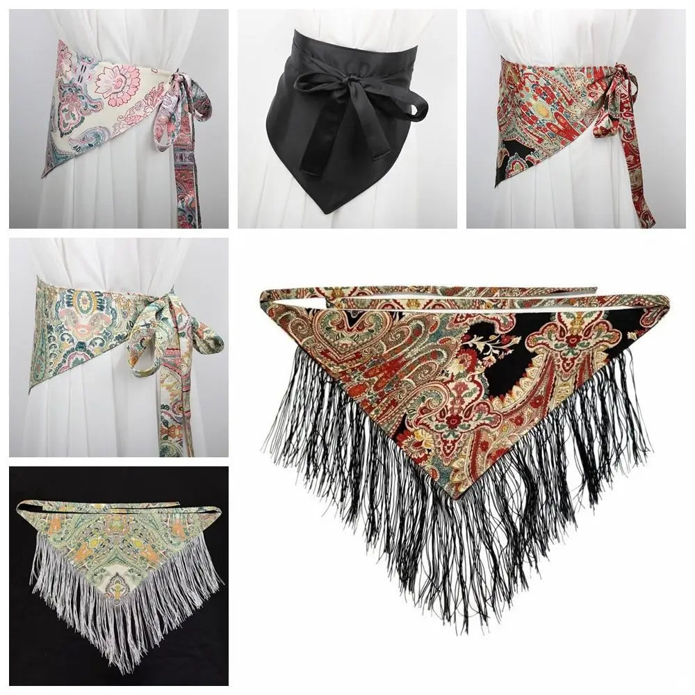Chinese Style Ethnic Triangular Waistband Embroidered Printing Tassel Floral Triangular Belt Jeans Decor Clothing Accessories