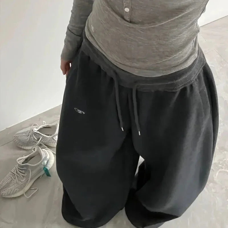 American Retro Hip-Hop Oversized Black Casual Sweatpants Korean Streetwear Loose Jogging Pants High Waist Wide-Leg Pants