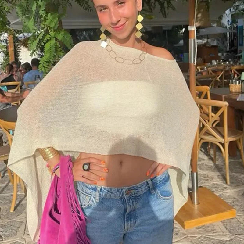 Irregular Knitted Cover-ups Crop Tops Y2k Vintage Smocked T-shirt Boho Beach Vacation Going Out Pullovers Tees