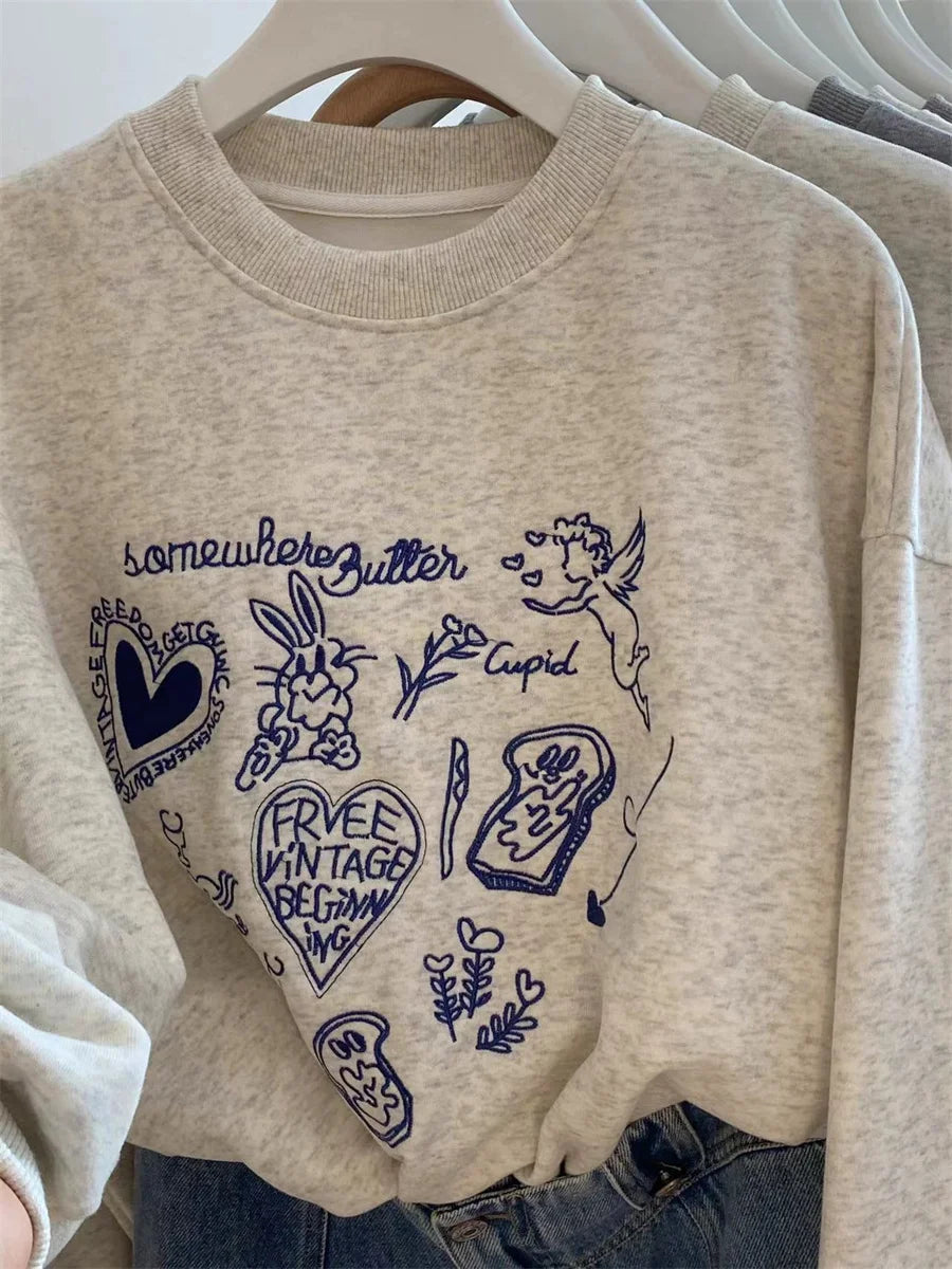Korean Gray Embroidered Round Neck Short Sweatshirts Long Sleeves Vacation Pullovers Tops Casual Popular